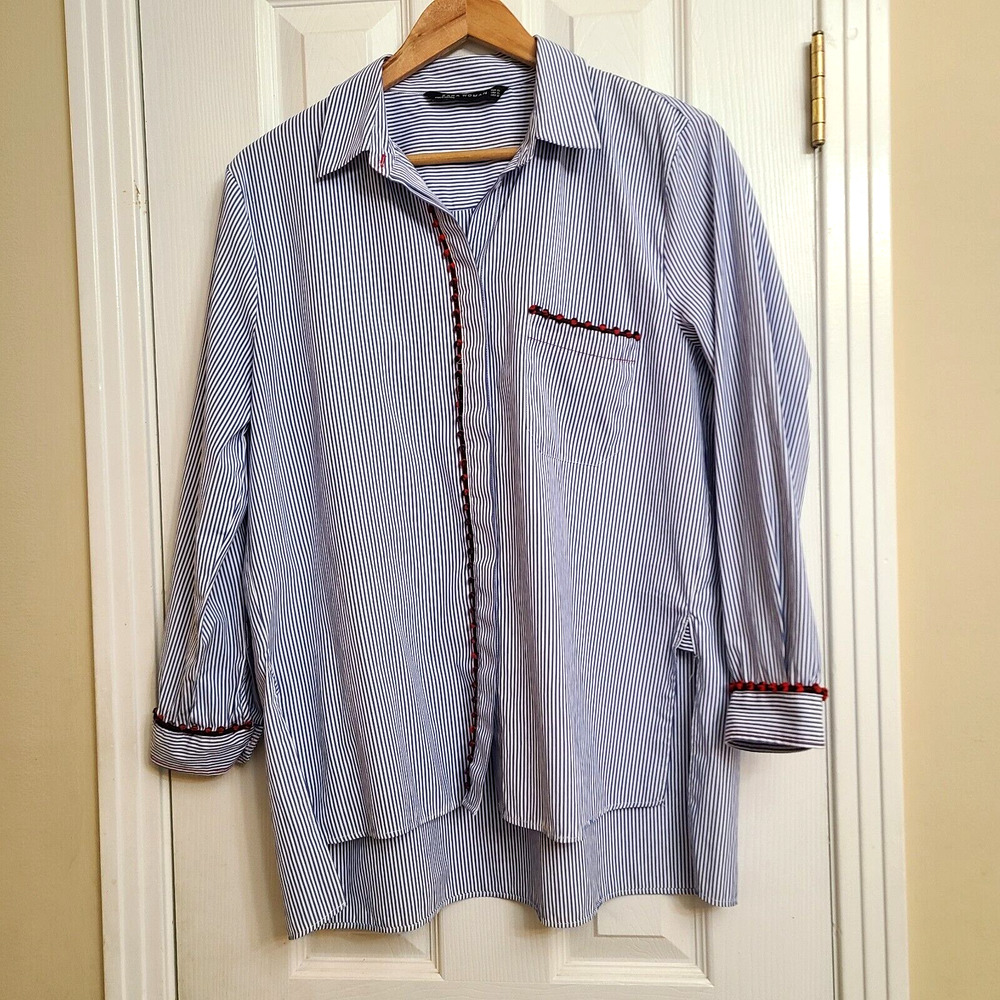 Zara Woman Blue White Embellished Trim Button Up Split Sides Preppy Office XL